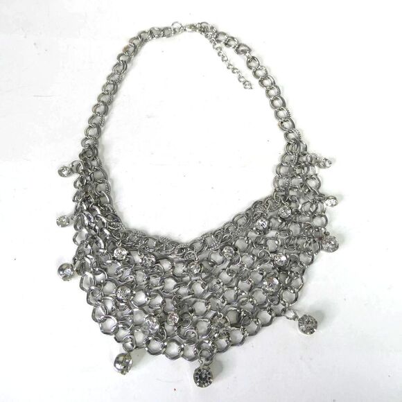 Silver Tone Chainmail Rhinestone Bib Statement Necklace Sparkly Adjustable - Picture 1 of 8